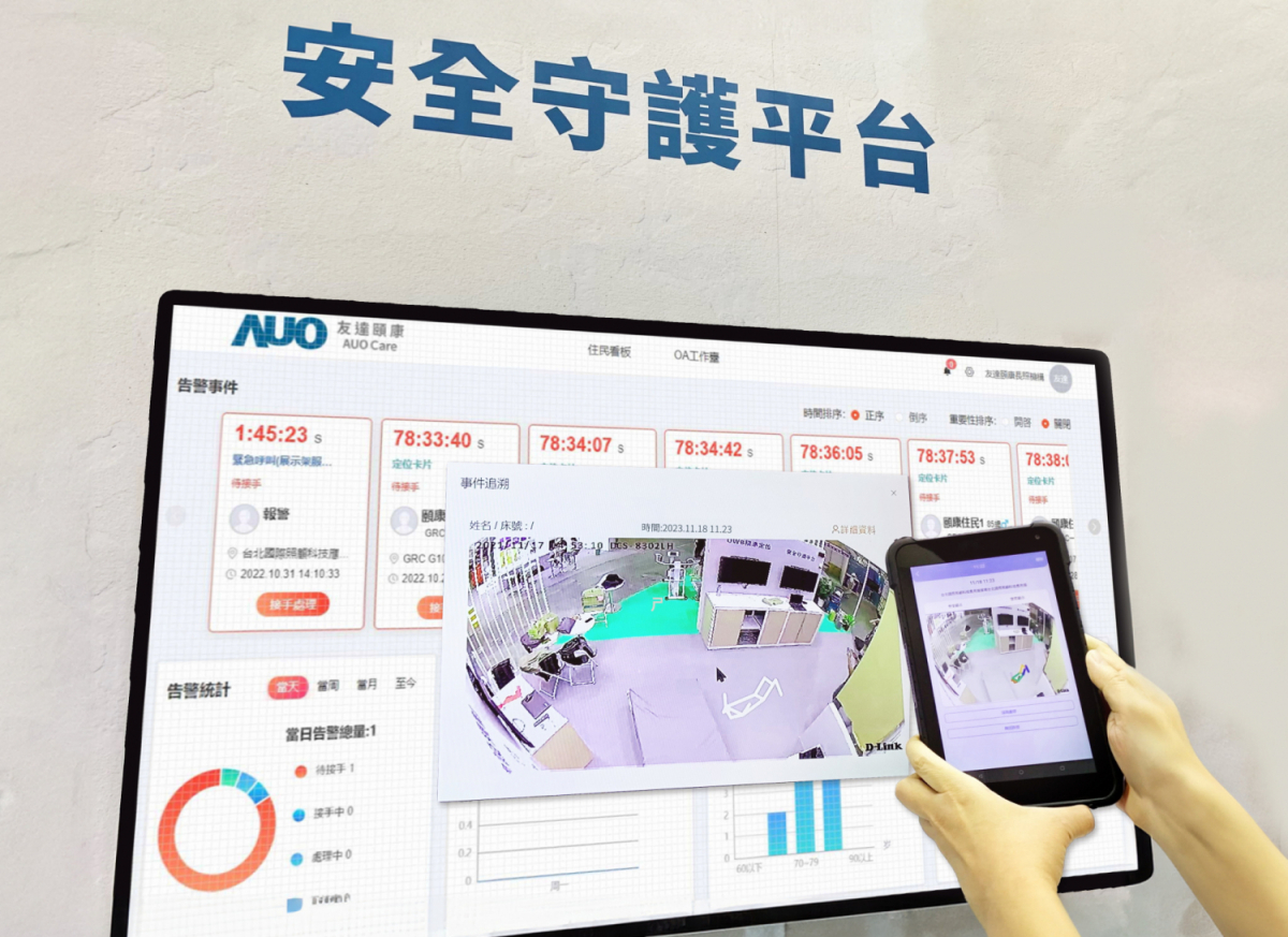 友達頤康整合軟硬體包含跌倒偵測、智慧床墊和緊急呼叫管理等，透過安全守護平台進行IoT設備統一監控與管理，提供長照場域落實安全守護方案